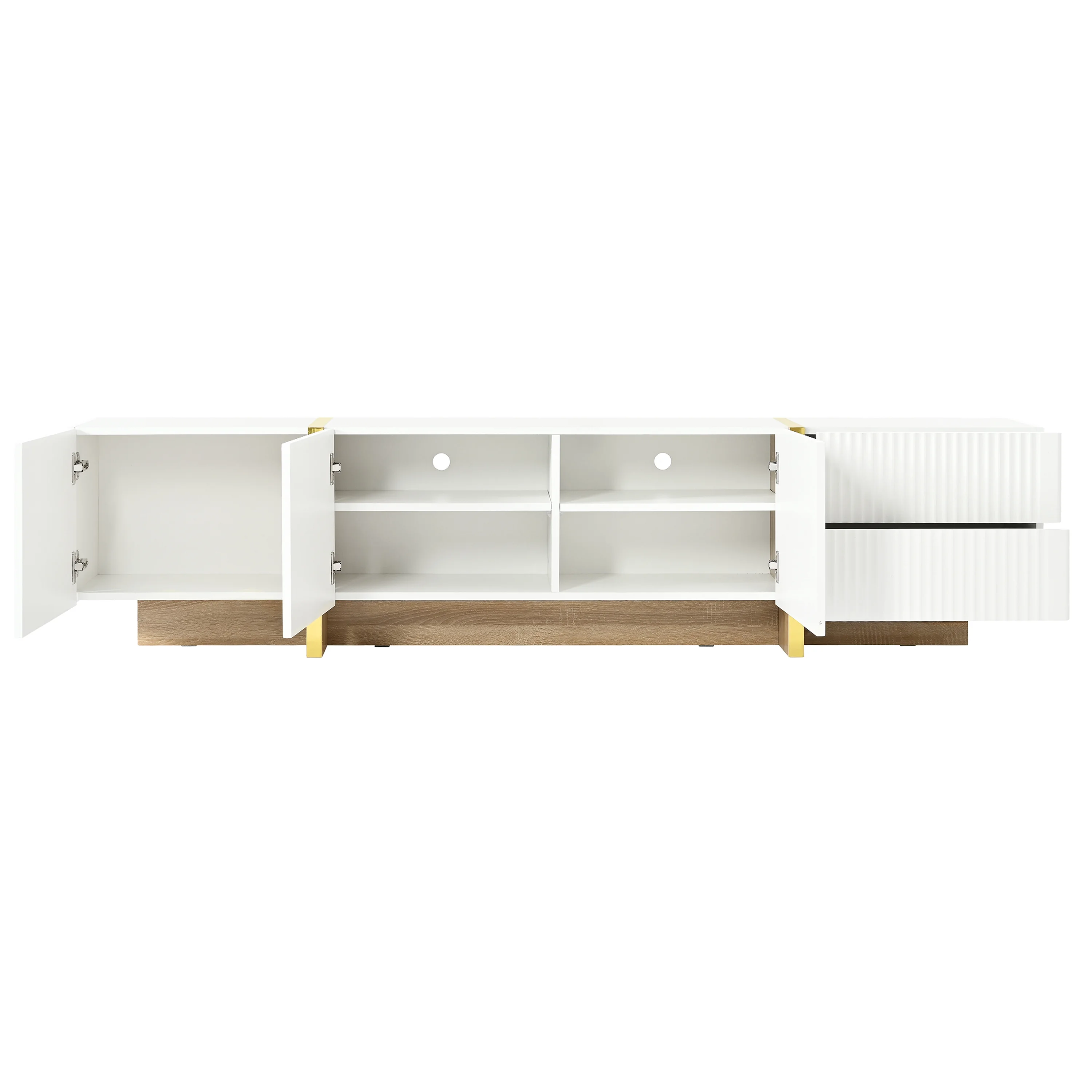 Luxury Fluted TV Stand for TVs Up to 80'', Modern Entertainment Center with Storage Cabinets & Drawers, Smooth Media Console with lden Wood Grain Legs for Living Room, White