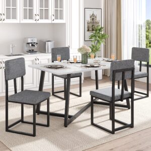 PORKISS Dining Table Set for 4, Kitchen Table Set with Chair for 4 with Faux Marble Table and 4 Linen Upholstered Chairs, Dining Room Set for Kitchen Dining Room Small Space, White + Gray + Black