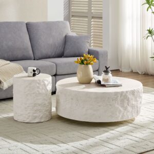 35.43''Fiberglass Round Center Coffee Table Set for Living Room Vintage Table,Imitation Stone Table front of the Sofa,Modern Design Coffee Table for Office,Apartment,No Need Assembly