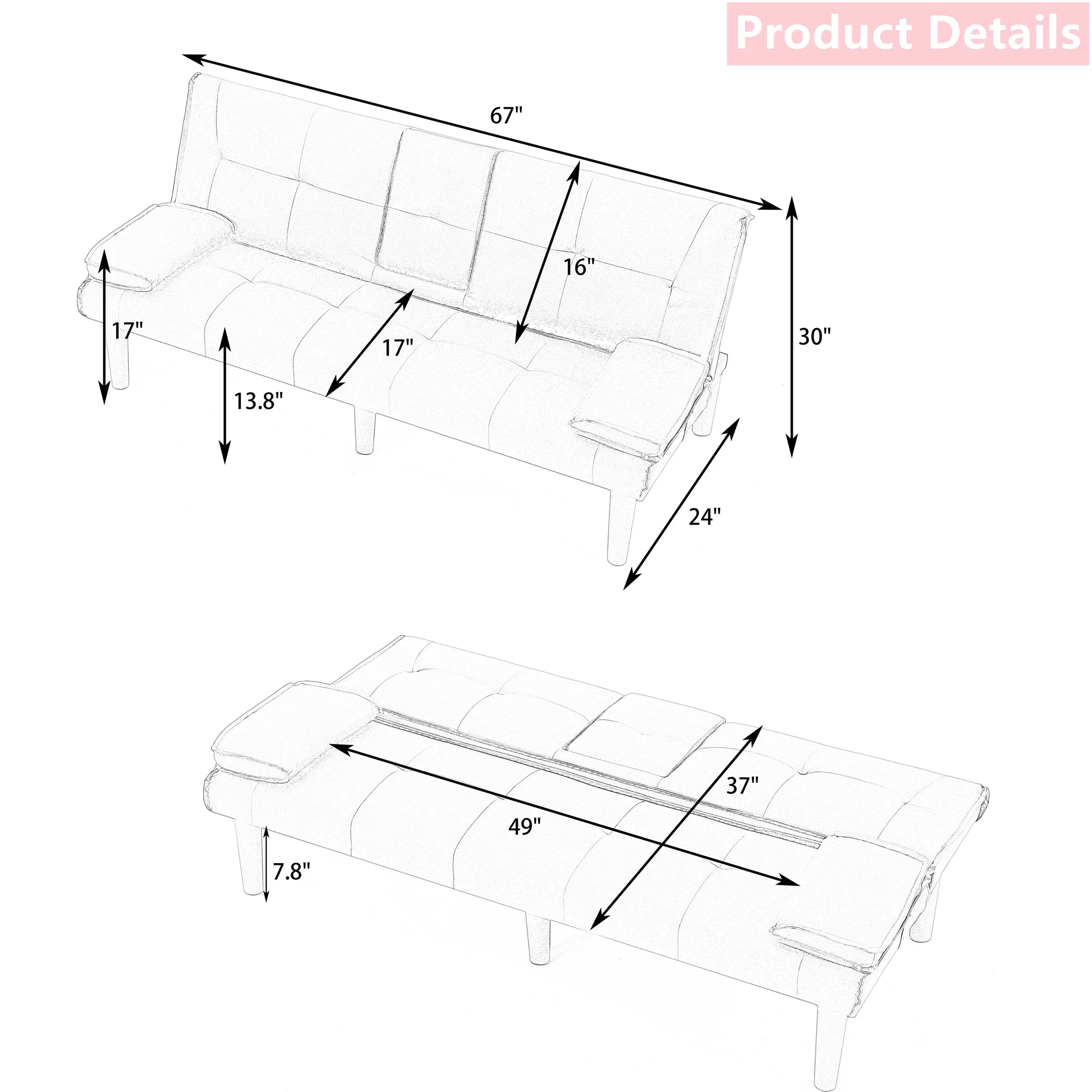 Aukfa Leather Futon Convertible Sofa Bed with 2 Cup Holders&Pillows, Twin Size, Pink