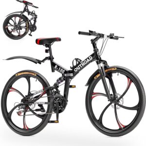SUNCROWN 26 Inch Folding Mountain Bike, 21 Speed Full Suspension High-Carbon Steel MTB Foldable Bicycle, Dual Disc Brake Non-Slip Folding Bikes for Adults/Men/Women, Black