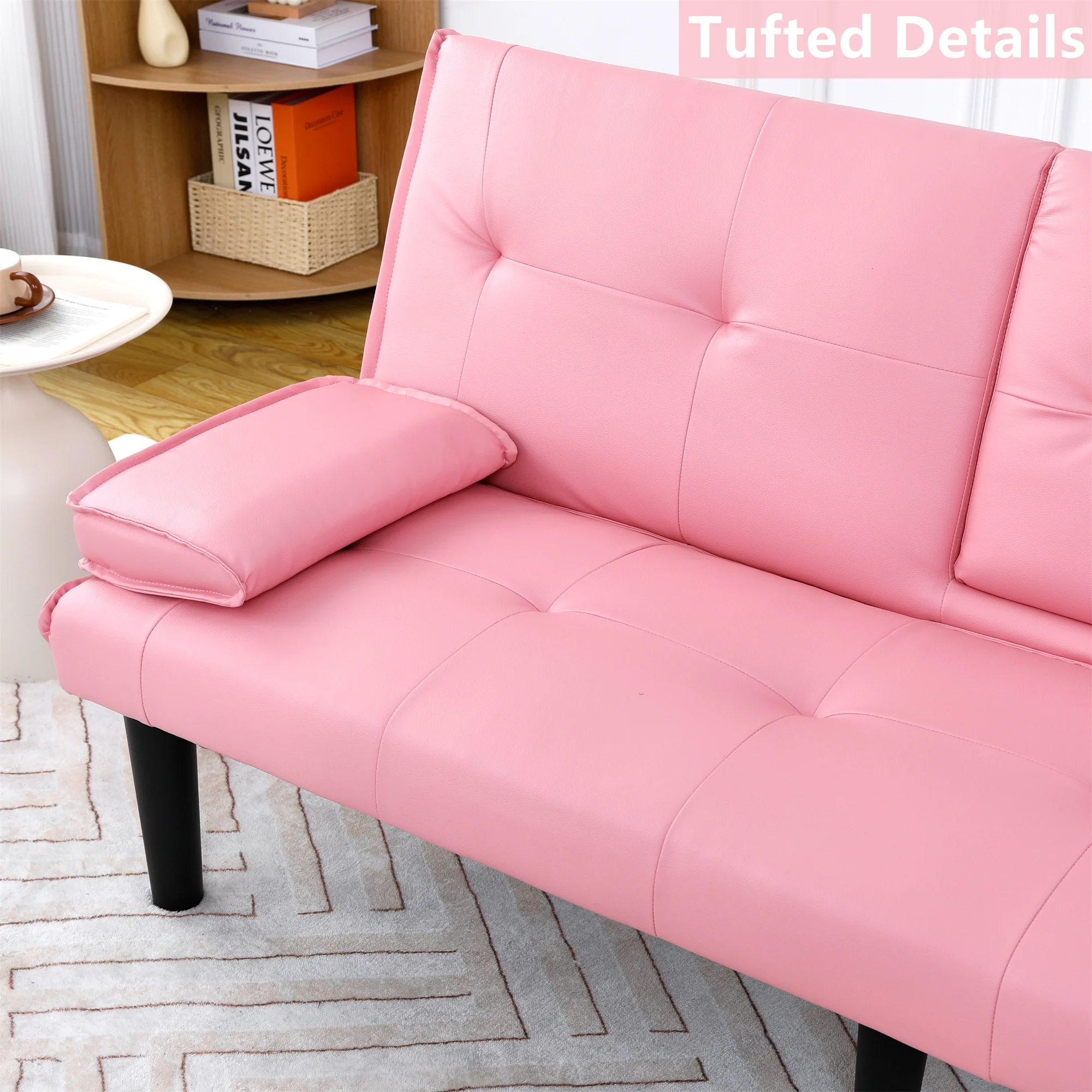 Aukfa Leather Futon Convertible Sofa Bed with 2 Cup Holders&Pillows, Twin Size, Pink