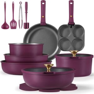Carote 20 Pcs Nonstick Cookware Sets, Pots and Pans Set with Detachable Handles, Oven Safe, Induction Cookware, Stackable Kitchen Cooking Set, Ultra Violet