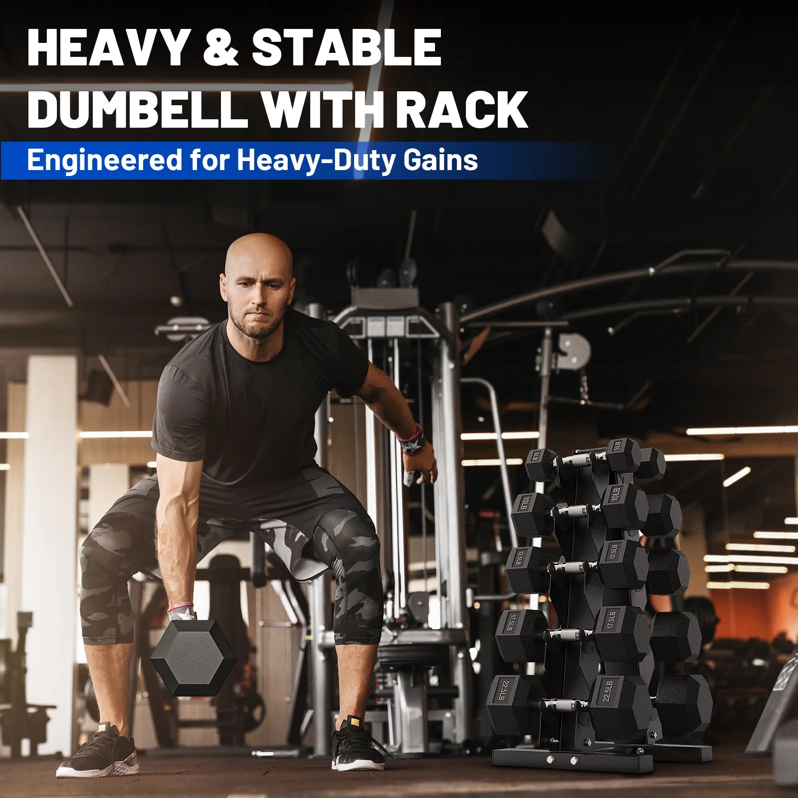 150 lb Dumbbell Set with Rack, Rubber Encased Hex Free Weights for Home Gym Strength Training
