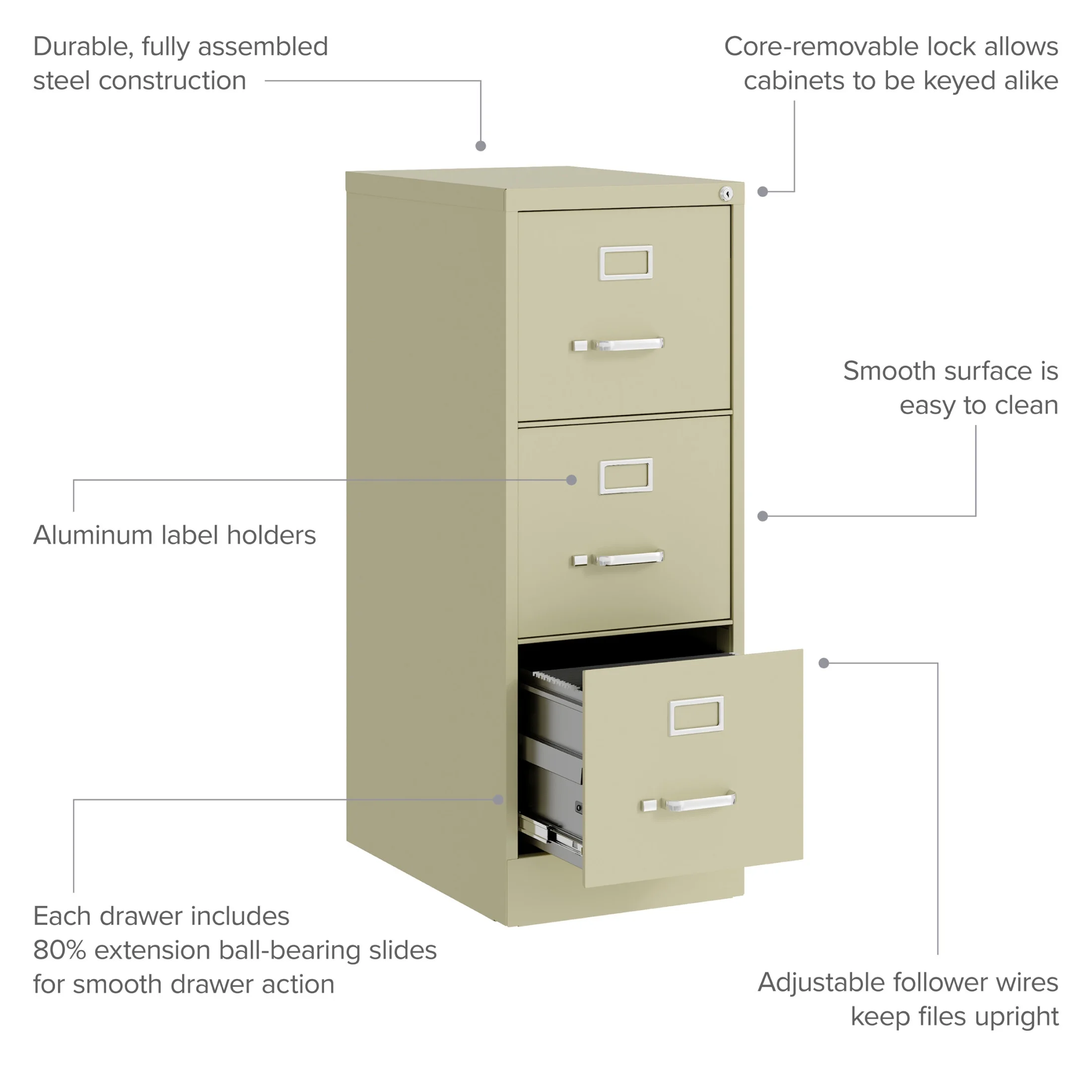 Hirsh 22" Deep 3 Drawer Letter Width Vertical File Cabinet, Commercial Grade, Gray
