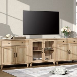 TV Stand for 100 Inch TV, 3-in-1 TV Console Table for 75/80/85/90 Inch TV, Farmhouse Entertainment Center with Glass & Wooden Door, Kitchen Sideboard Buffet Cabinet for Dining Room, Oak