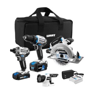 HART 20 Volts 4-Tool Brushless Combo Kit, (1) 2.0Ah and (1) 4.0Ah Lithium-Ion Battery
