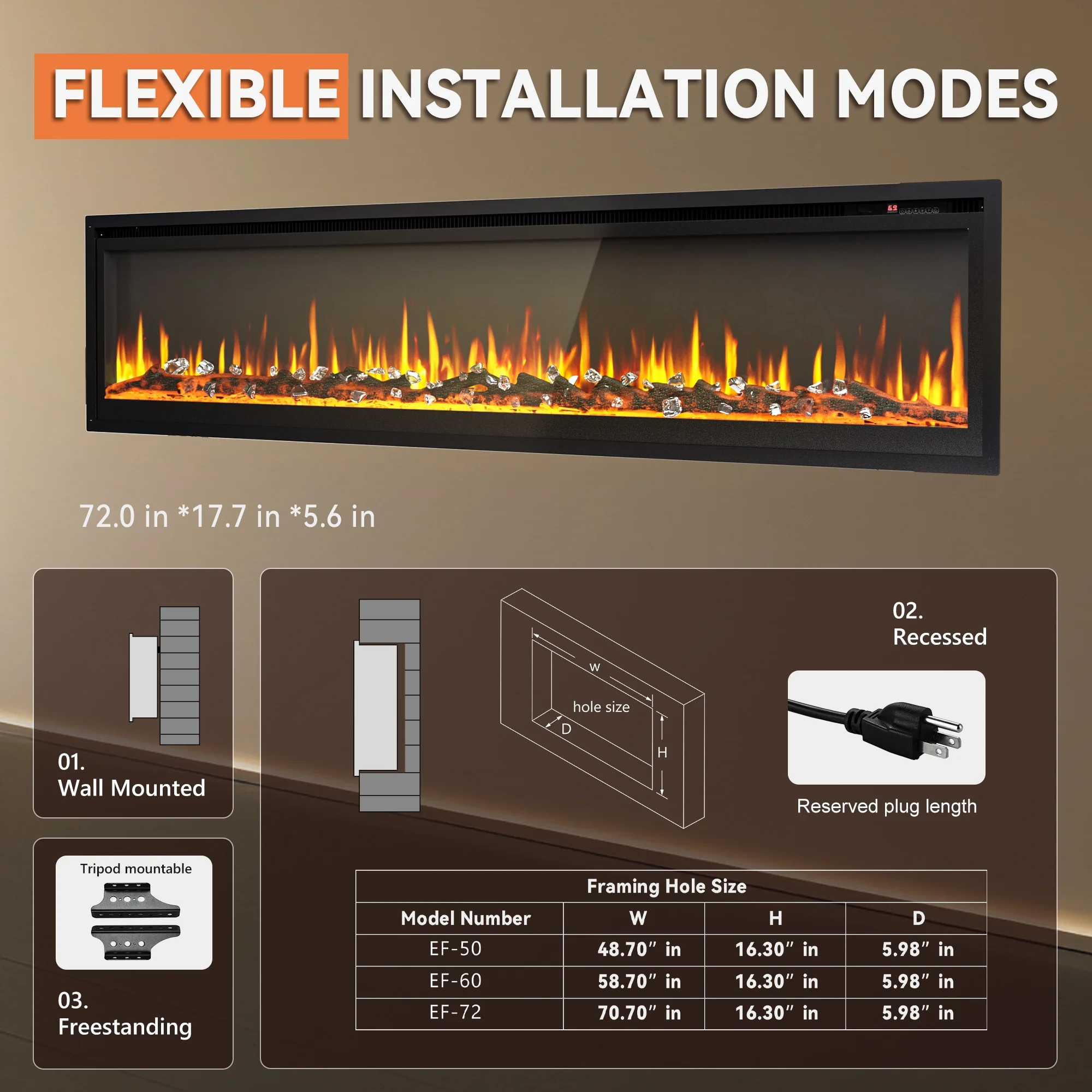 Simzlife 50 inch Indoor Electric Fireplace, Wall Mounted Recessed Freestanding Fireplace with Remote Control, Fireplace Heater with Adjustable Flame Color, Linear Fireplace with Timer