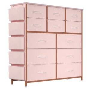 KATIDAP Dresser for Bedroom with 12 Drawer, Dressers & Chests of Drawers for Hallway, Entryway, Storage Organizer Unit with Fabric, Sturdy Metal Frame, Wood Tabletop, Easy Pull Handle,Pink