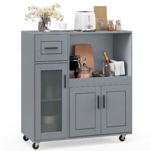 Gymax Kitchen Island Cart on Wheels Microwave Cabinet w/ Frosted Tempered Glass Door