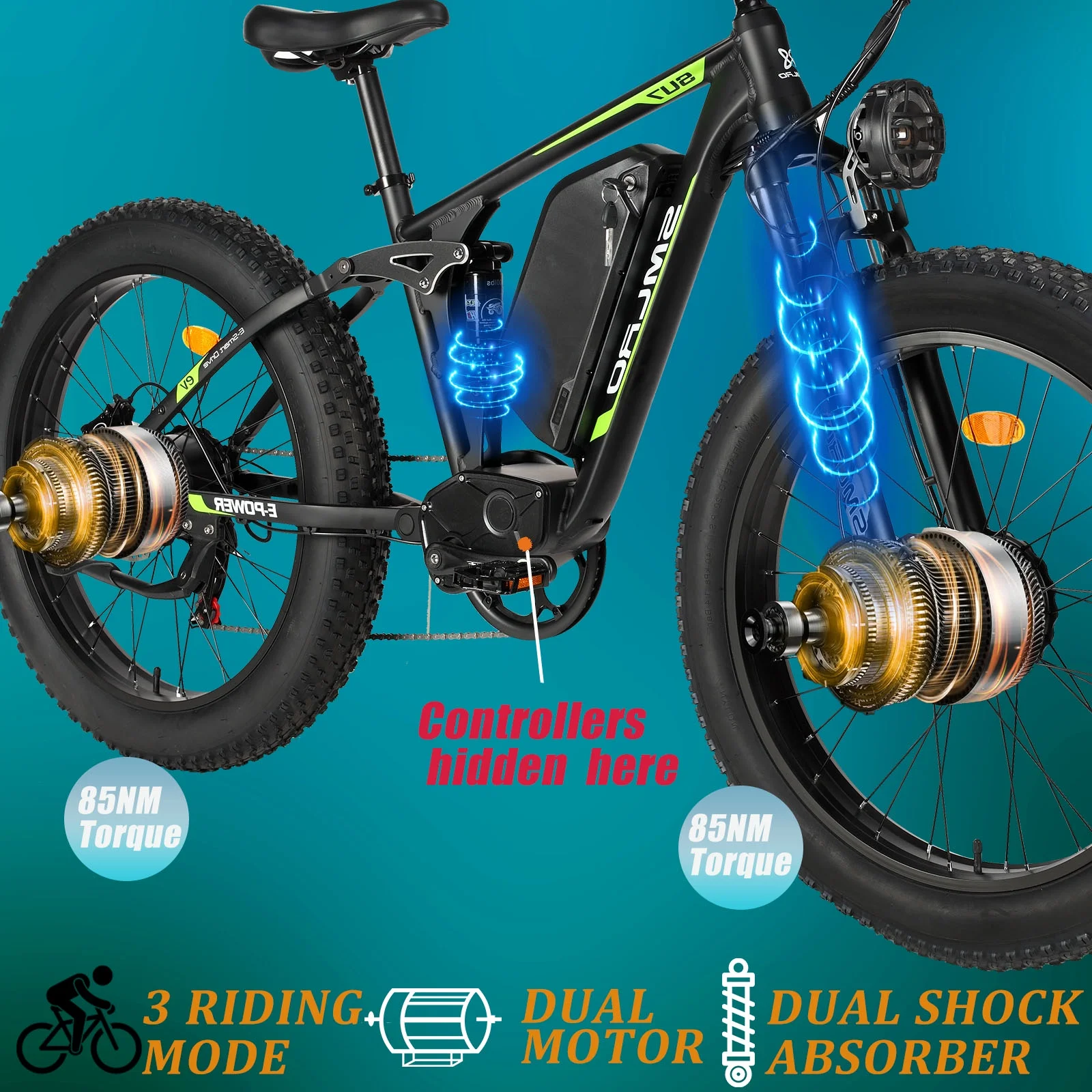 5000w Peak Dual Motor Electric Bike, 26" Fat Tire Shimano 21 Speed 45 MPH Commuter Mtb, 60V 25AH Front Suspension Ebike