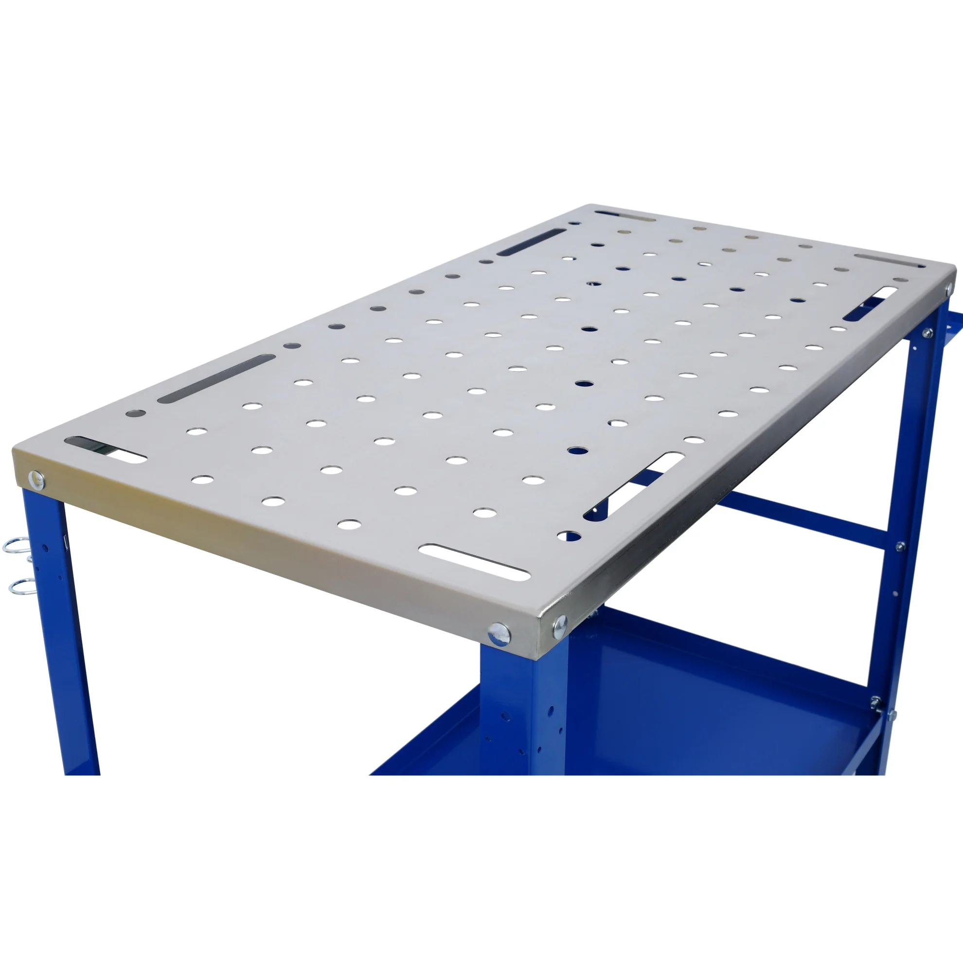 Heavy-Duty 36" x 18" Steel Welding Table 1200lbs Load Capacity Portable Workbench on Wheels with Braking Casters 82 5/8" Fixture Holes & Tool Slots Built-in Tool Tray