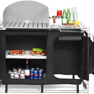 Camping Kitchen Table, Camping Grill Table w/Windscreen & Storage Organizer, Outdoor Kitchen Cook Station with Basin for BBQ, Party, Picnics, Backyards, BBQ Table