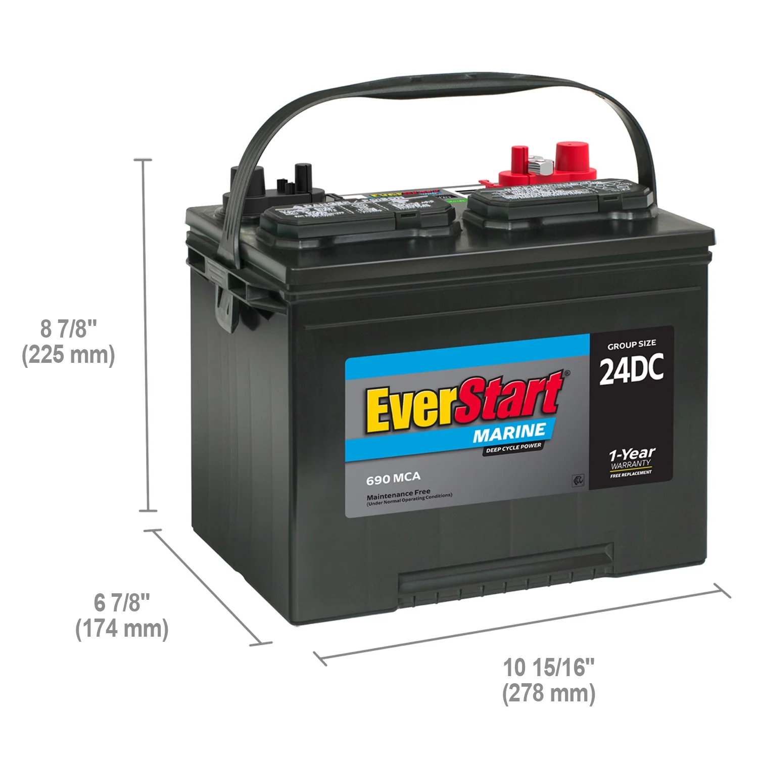 EverStart Lead Acid Marine & RV Deep Cycle Battery, Group Size 24DC 12 Volt, 690 MCA*