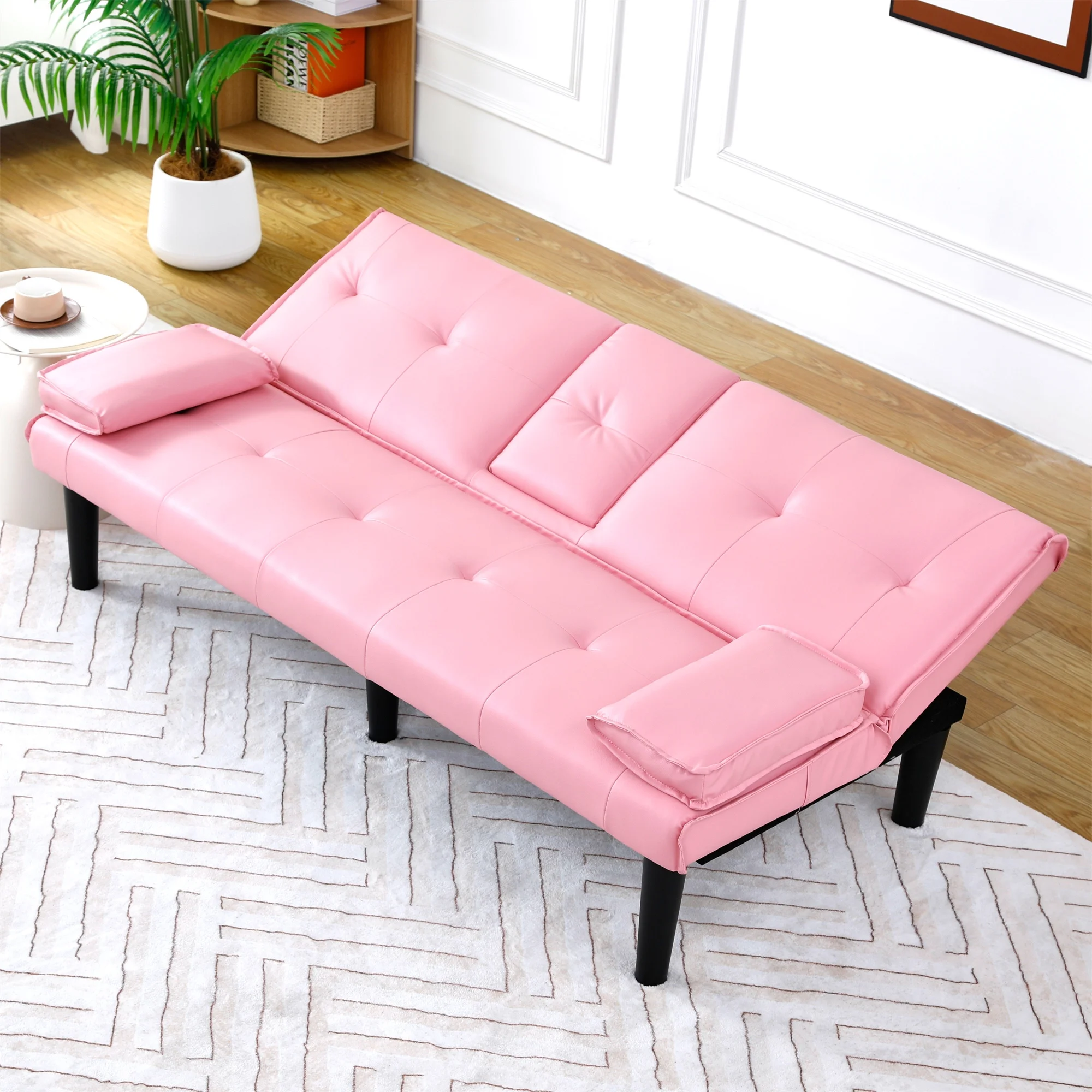 Aukfa Leather Futon Convertible Sofa Bed with 2 Cup Holders&Pillows, Twin Size, Pink