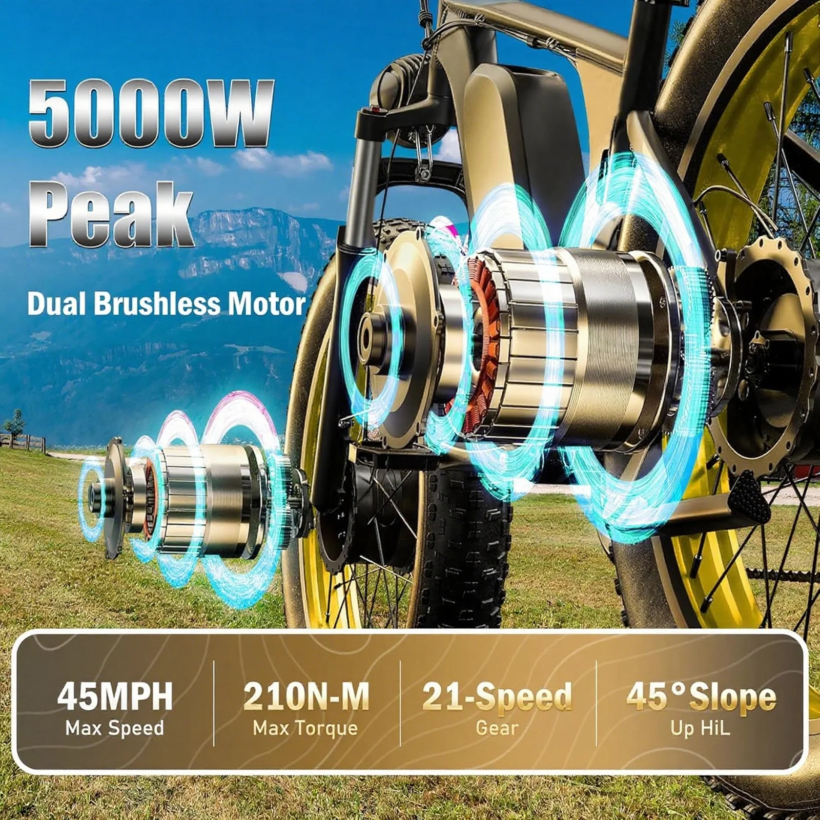 5000w Peak Dual Motor Electric Bike, 26" Fat Tire Shimano 21 Speed 45 MPH Commuter Mtb, 60V 25AH Front Suspension Ebike