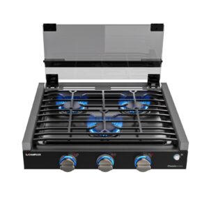 CAMPLUX RV Cooktop 3 Burners Slide-in, Outdoor Propane Cooktop Stove with Tempered Glass Cover, 21 inches Gas Rangetop, 21,000BTU, Black
