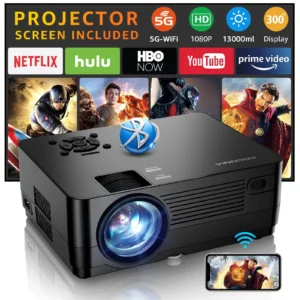 ROCONIA 5G WiFi Bluetooth Native 1080P Projector, 13000LM Full HD Movie Projector, LCD Technology 300" Display Support 4k Home Theater,(Projector Screen Included)