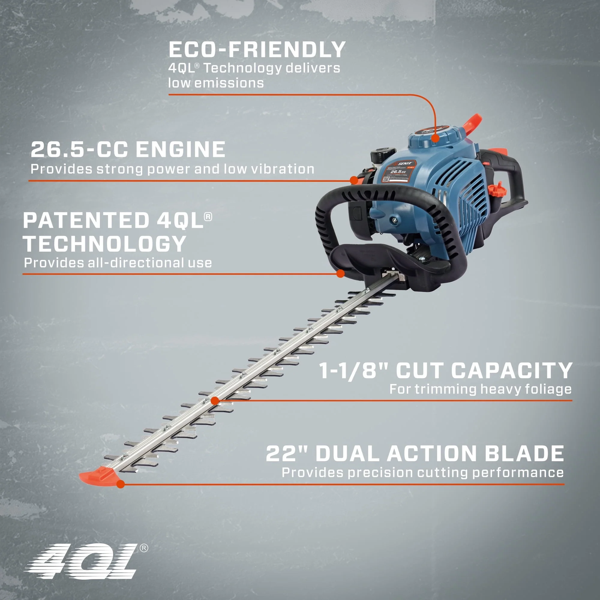 SENIX 26.5 cc 4 Cycle Gas Powered Hedge Trimmer, Dual Action Blades, HT4QL-L