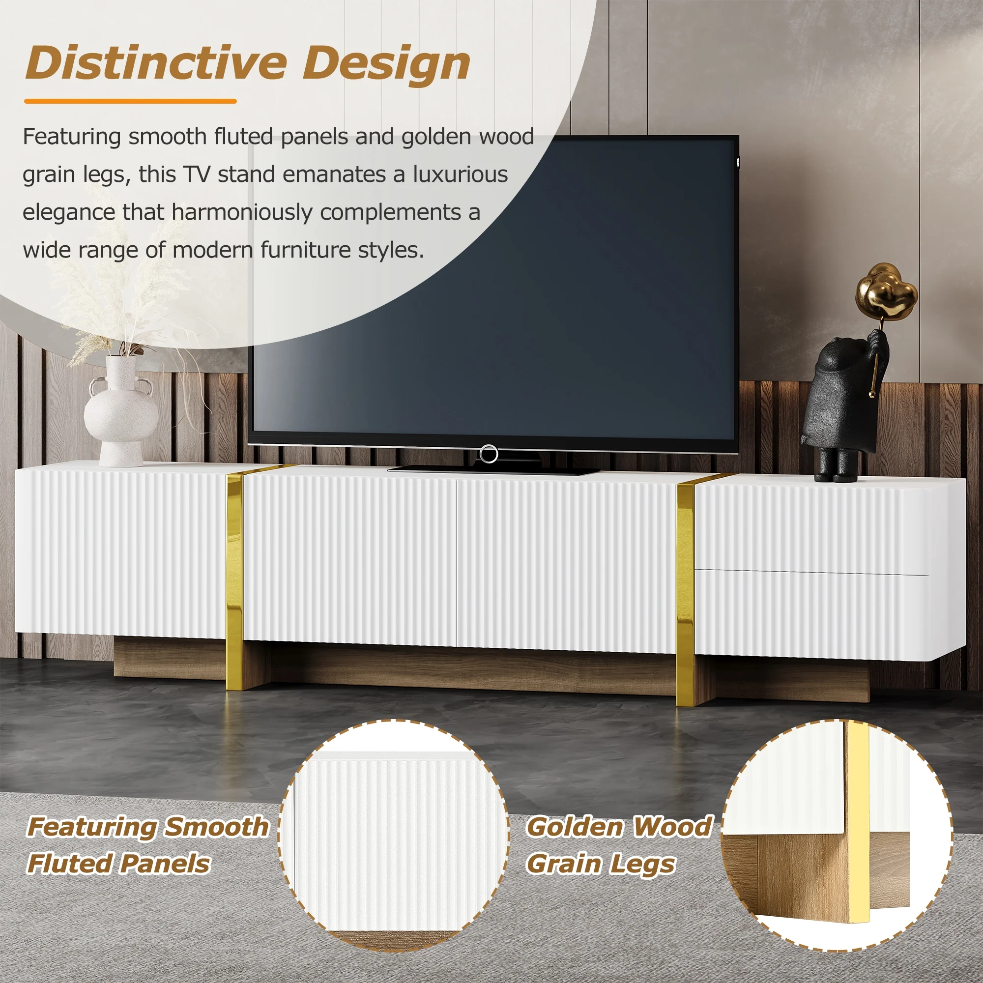 Luxury Fluted TV Stand for TVs Up to 80'', Modern Entertainment Center with Storage Cabinets & Drawers, Smooth Media Console with lden Wood Grain Legs for Living Room, White