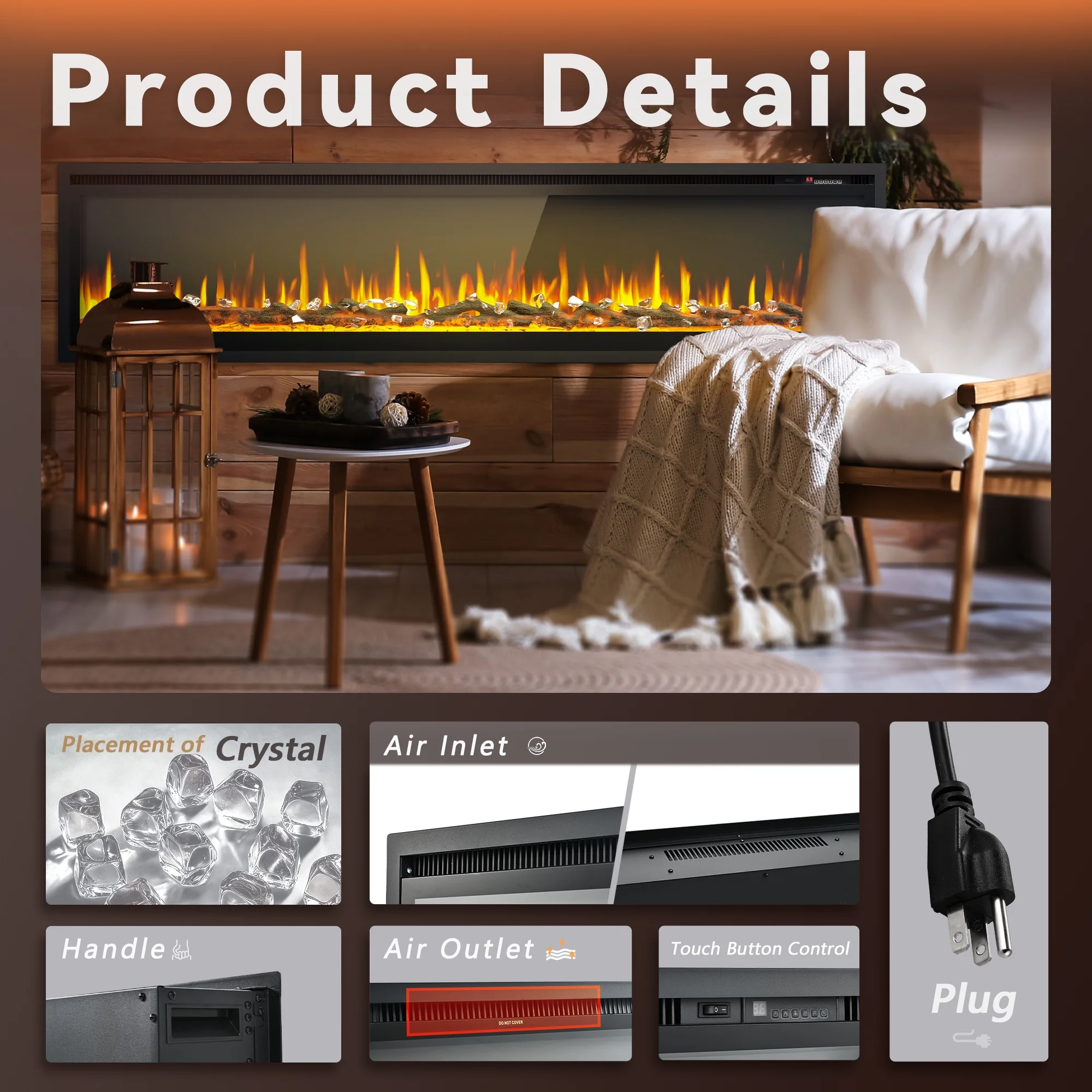 Simzlife 50 inch Indoor Electric Fireplace, Wall Mounted Recessed Freestanding Fireplace with Remote Control, Fireplace Heater with Adjustable Flame Color, Linear Fireplace with Timer